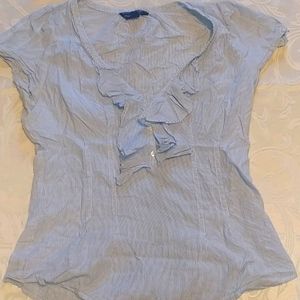 AEO Half Button Ruffled Pin Striped V-Neck Top